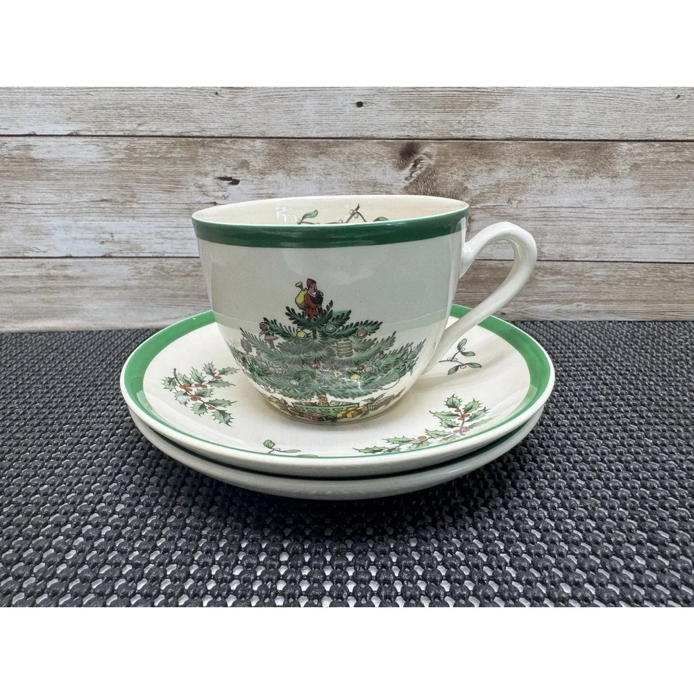 3 Pc Set Vintage Spode Christmas Tree Cup and Saucers S 3324 90's England